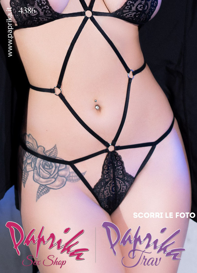 Body Total Nude Pizzo Strisce Elasticizzate Anelli Metallo String Posteriore