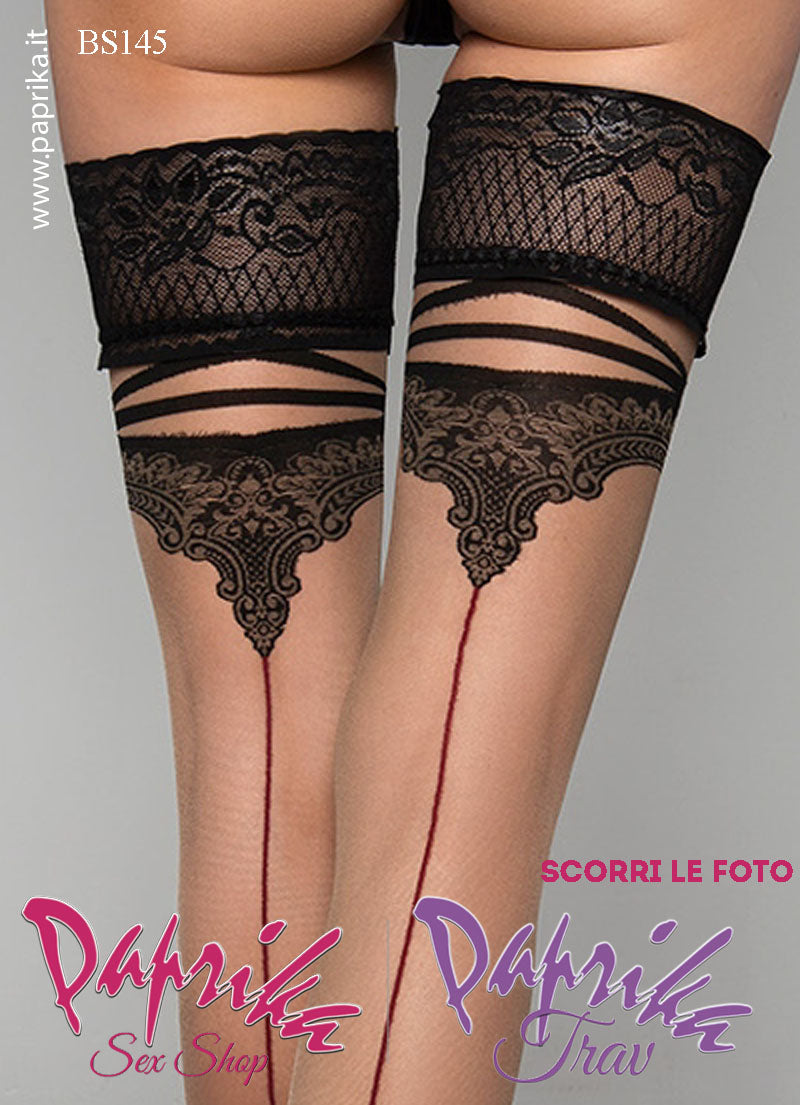 Autoreggenti Sexy Disegno SottoBalza Riga Posteriore Rossa Punte Rinforzate