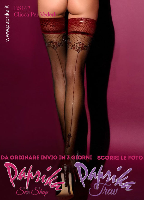 Autoreggenti Sexy Disegno Lurex Riga Posteriore Balza Rossa Punte Rinforzate