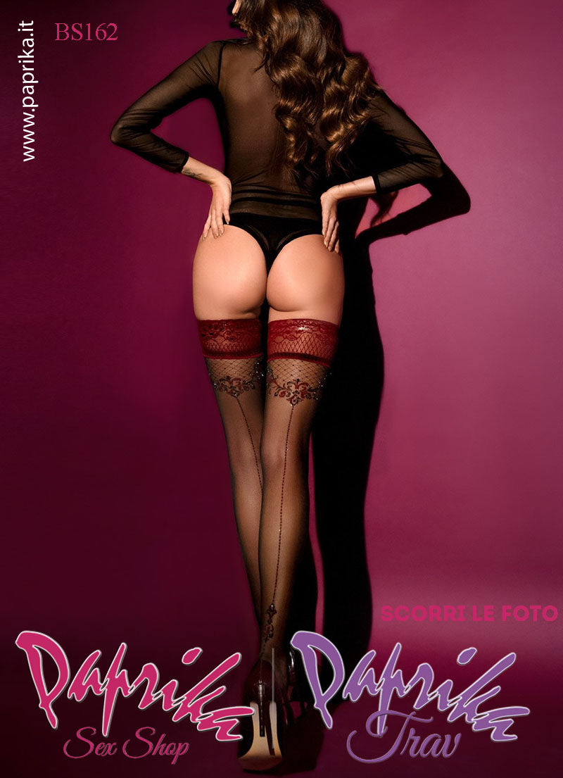 Autoreggenti Sexy Disegno Lurex Riga Posteriore Balza Rossa Punte Rinforzate