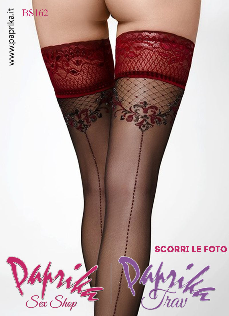 Autoreggenti Sexy Disegno Lurex Riga Posteriore Balza Rossa Punte Rinforzate