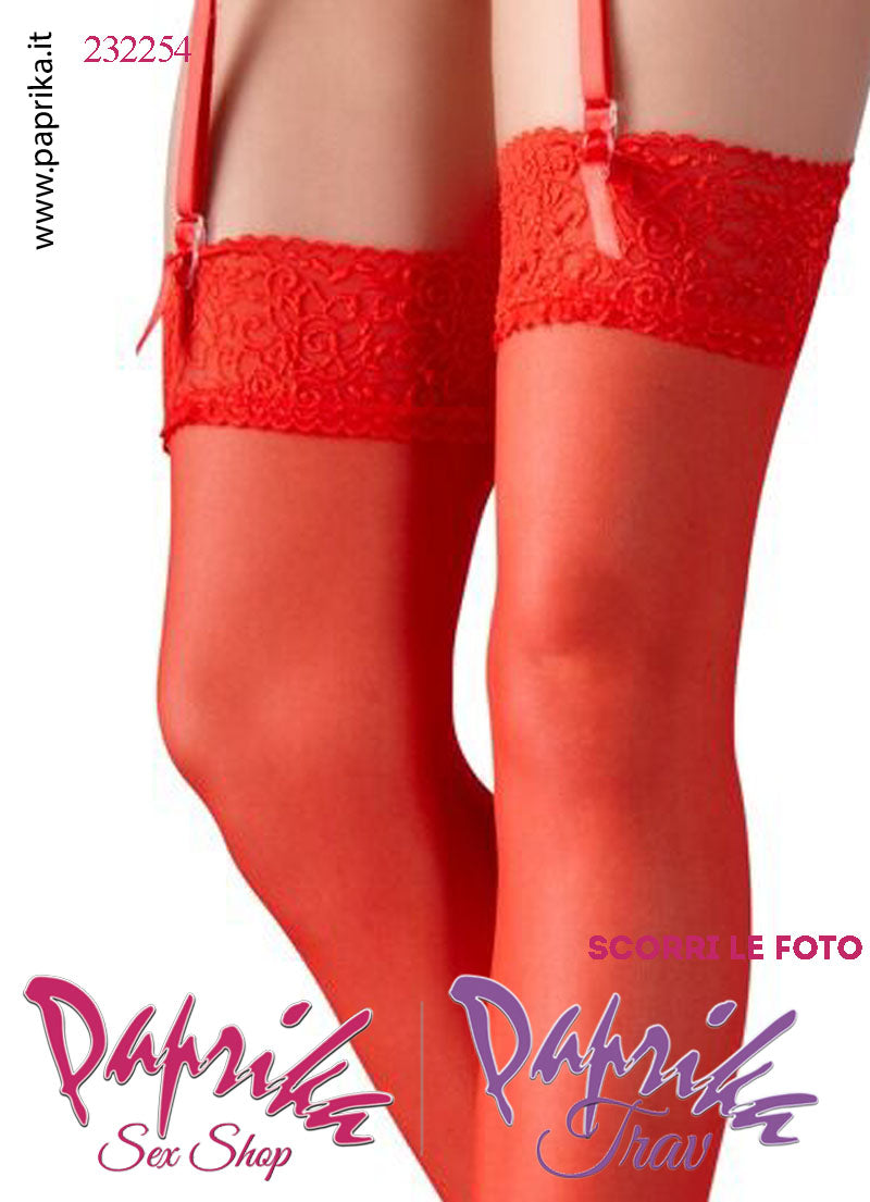 Calze da Reggicalze Velate Rosse Balza Pizzo Lavorato Senza Silicone