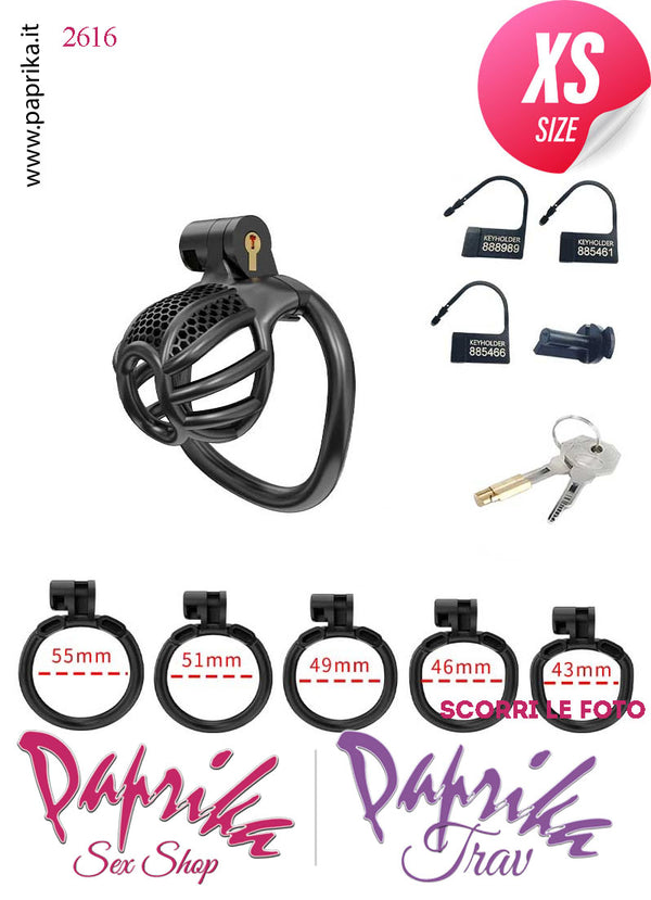 Cintura Di Castità Maschile Nera ExtraSmall  PC06 Chastity Cage Abs Fori Punta 5 Anelli