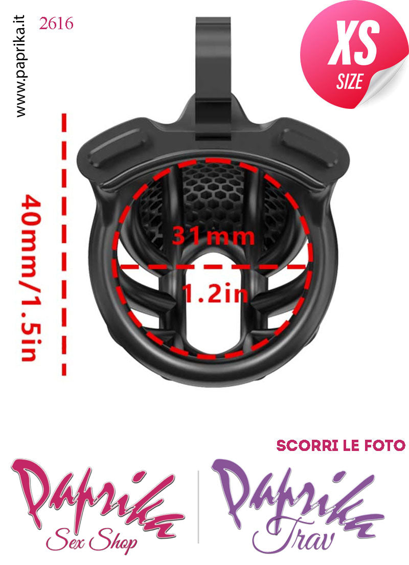 Cintura Di Castità Maschile Nera ExtraSmall  PC06 Chastity Cage Abs Fori Punta 5 Anelli