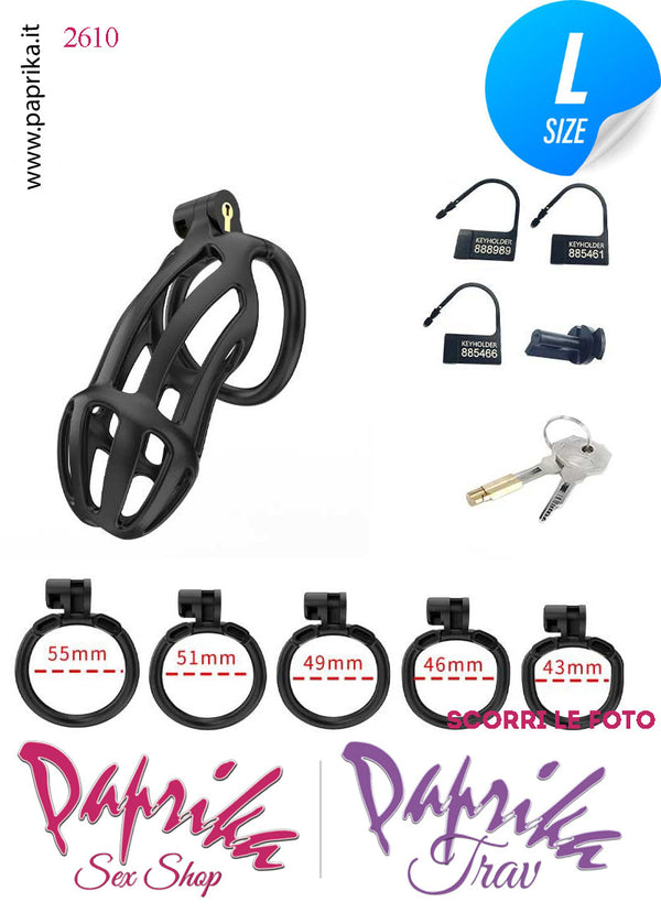 Cintura Di Castità Maschile Nera Large PC02 Chastity Cage Abs Apertura Lunghe 5 Anelli