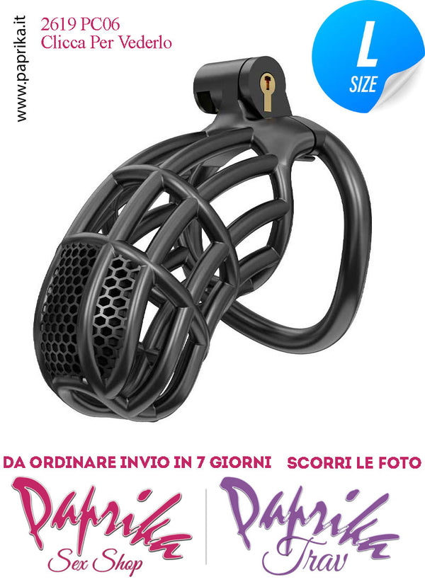 Cintura Di Castità Maschile Nera Large PC06 Chastity Cage Abs Fori Punta 5 Anelli