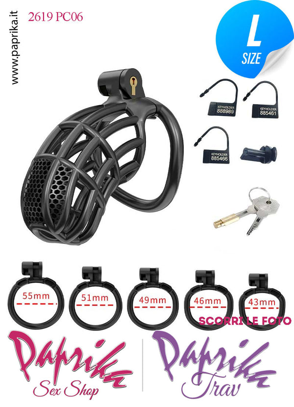 Cintura Di Castità Maschile Nera Large PC06 Chastity Cage Abs Fori Punta 5 Anelli