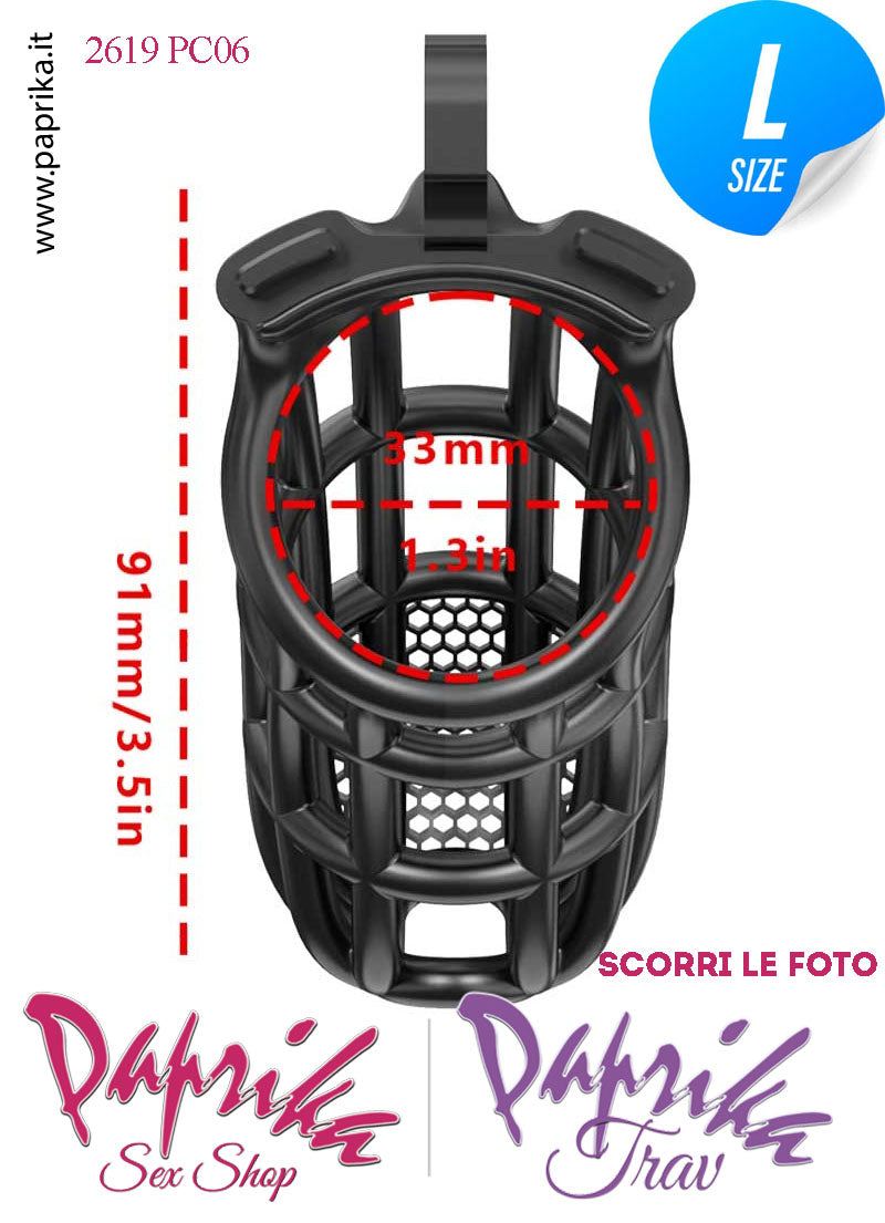 Cintura Di Castità Maschile Nera Large PC06 Chastity Cage Abs Fori Punta 5 Anelli