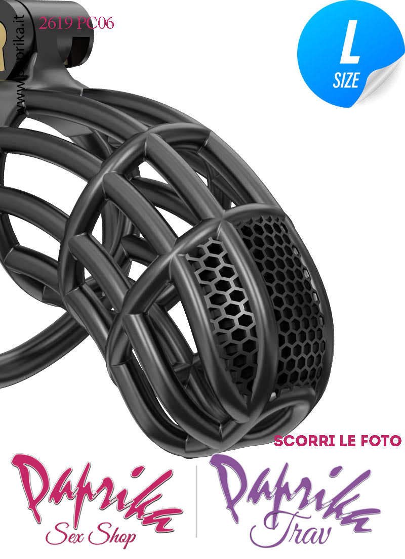 Cintura Di Castità Maschile Nera Large PC06 Chastity Cage Abs Fori Punta 5 Anelli