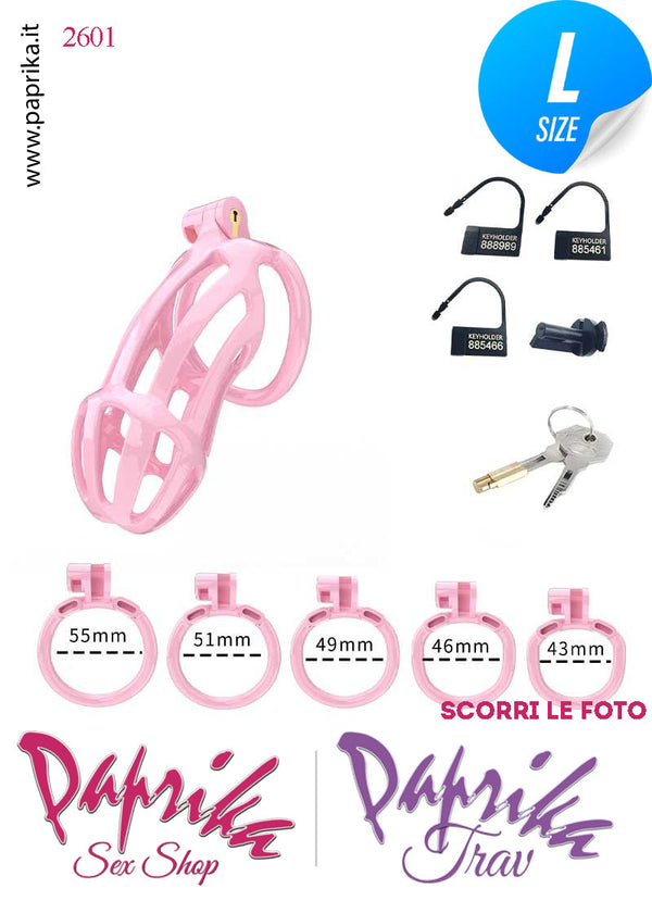 Cintura Di Castità Maschile Rosa Large PC02 Chastity Cage Abs Apertura Lunghe 5 Anelli