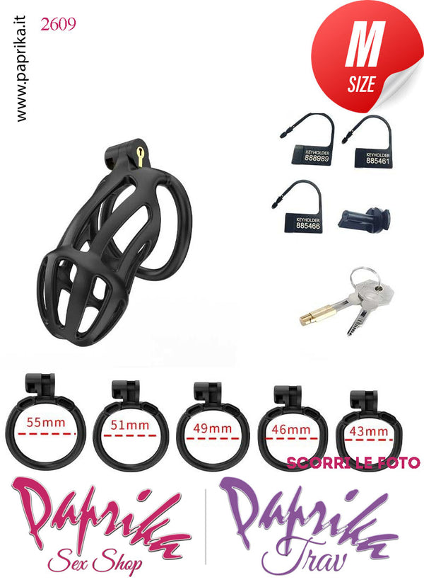 Cintura Di Castità Maschile Nera Medium PC02 Chastity Cage Abs Apertura Lunghe 5 Anelli