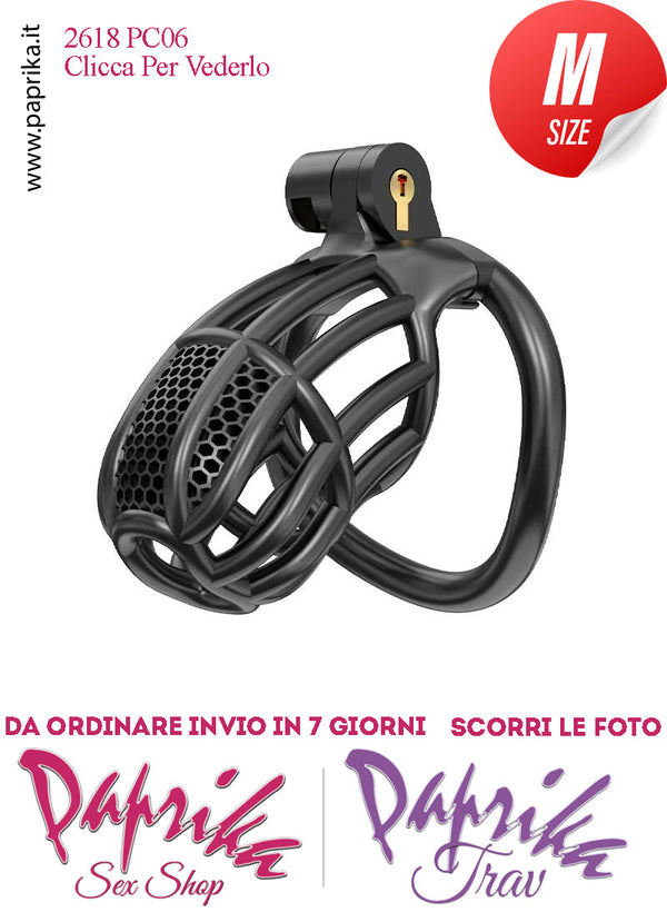 Cintura Di Castità Maschile Nera Medium PC06 Chastity Cage Abs Fori Punta 5 Anelli