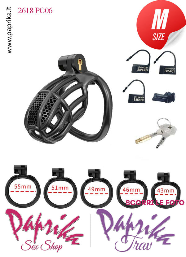 Cintura Di Castità Maschile Nera Medium PC06 Chastity Cage Abs Fori Punta 5 Anelli