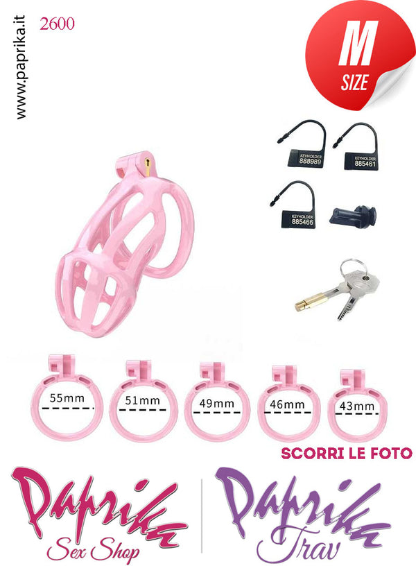 Cintura Di Castità Maschile Rosa Medium PC02 Chastity Cage Abs Apertura Lunghe 5 Anelli
