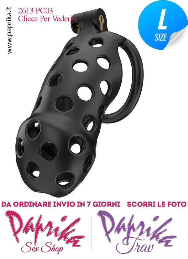 Cintura Di Castità Maschile PC03 Large Nera Chastity Cage Abs Traforato 5 Anelli