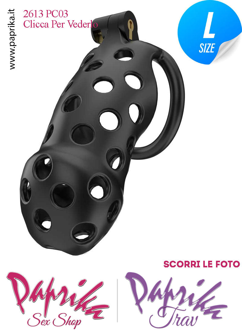 Cintura Di Castità Maschile PC03 Large Nera Chastity Cage Abs Traforato 5 Anelli
