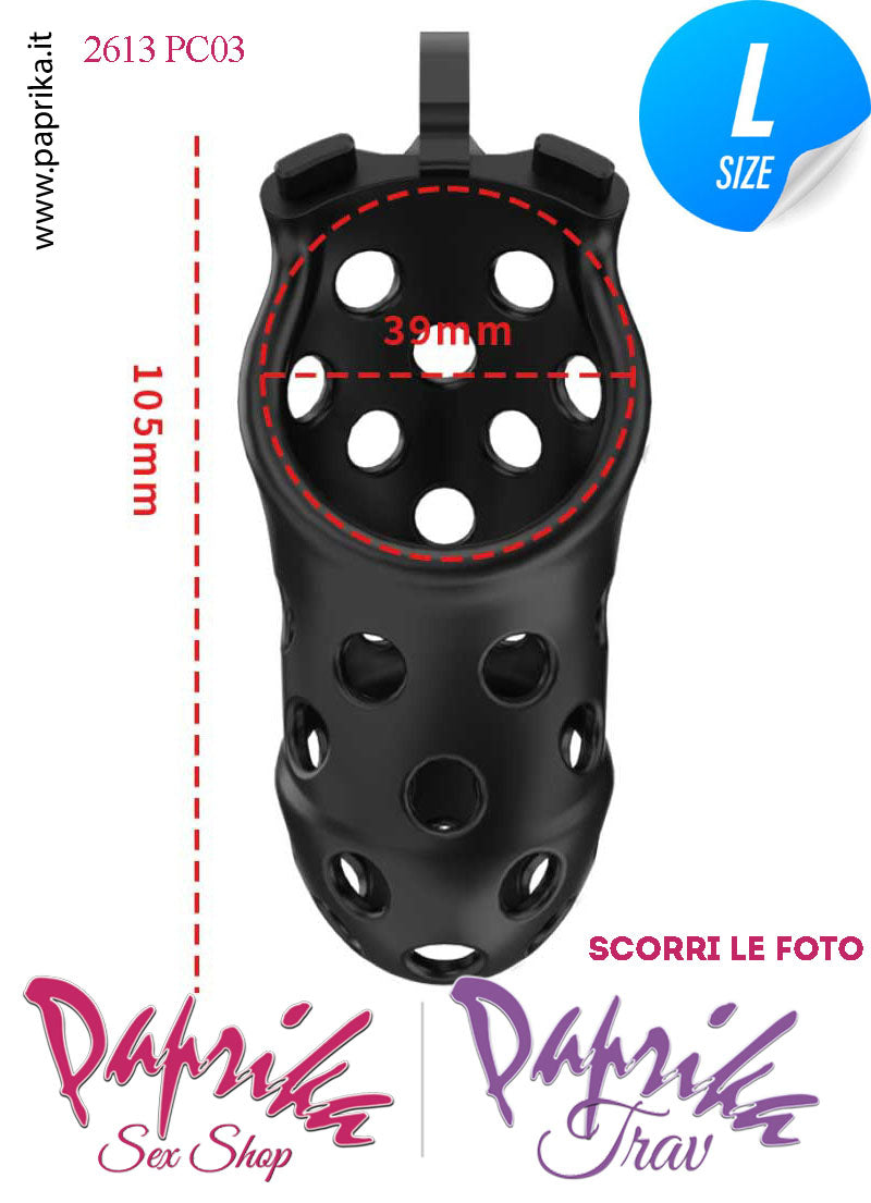 Cintura Di Castità Maschile PC03 Large Nera Chastity Cage Abs Traforato 5 Anelli