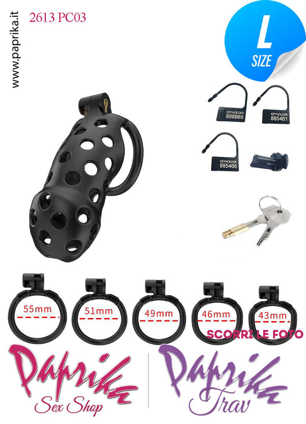 Cintura Di Castità Maschile PC03 Large Nera Chastity Cage Abs Traforato 5 Anelli