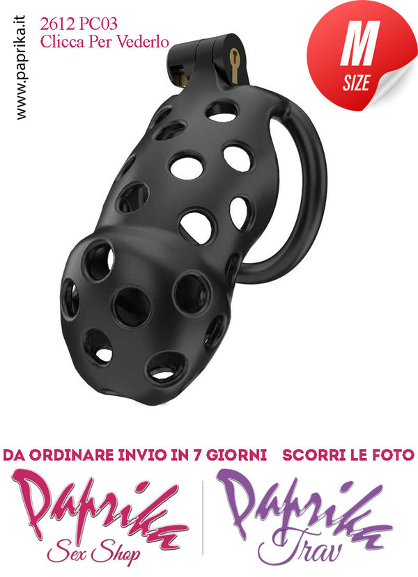 Cintura Di Castità Maschile Nera Medium PC03 Chastity Cage Abs Traforato 5 Anelli