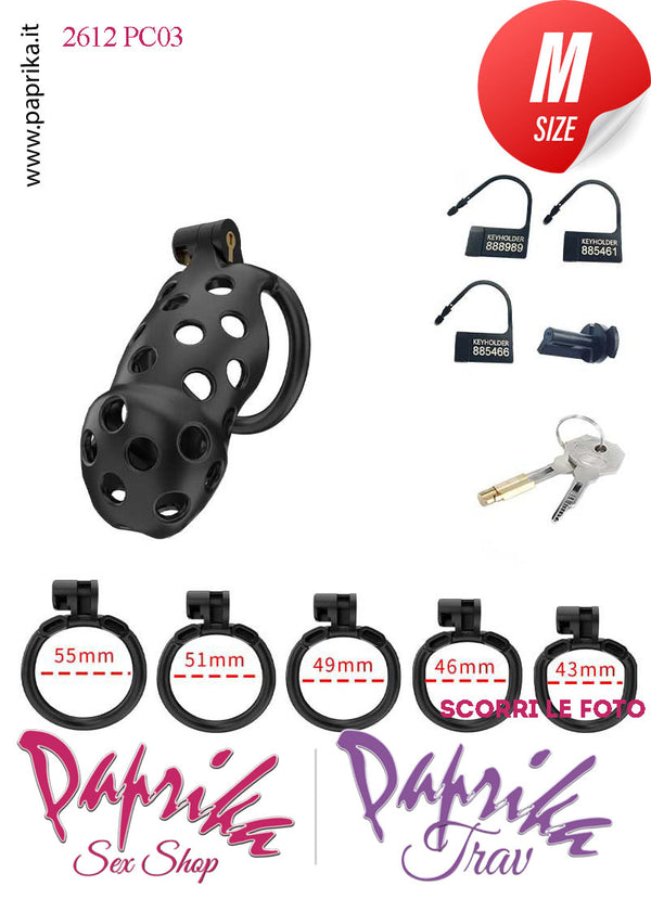 Cintura Di Castità Maschile Nera Medium PC03 Chastity Cage Abs Traforato 5 Anelli