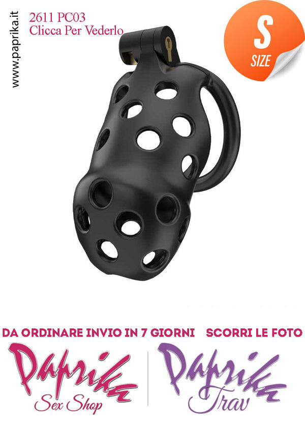 Cintura Di Castità Maschile Nera Small PC03 Chastity Cage Abs Traforato 5 Anelli