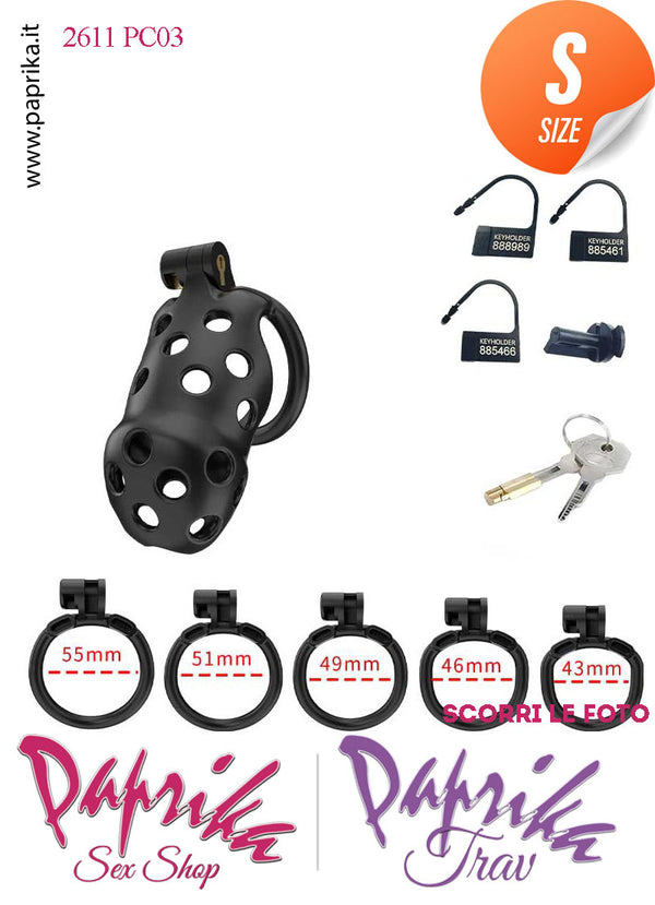 Cintura Di Castità Maschile Nera Small PC03 Chastity Cage Abs Traforato 5 Anelli