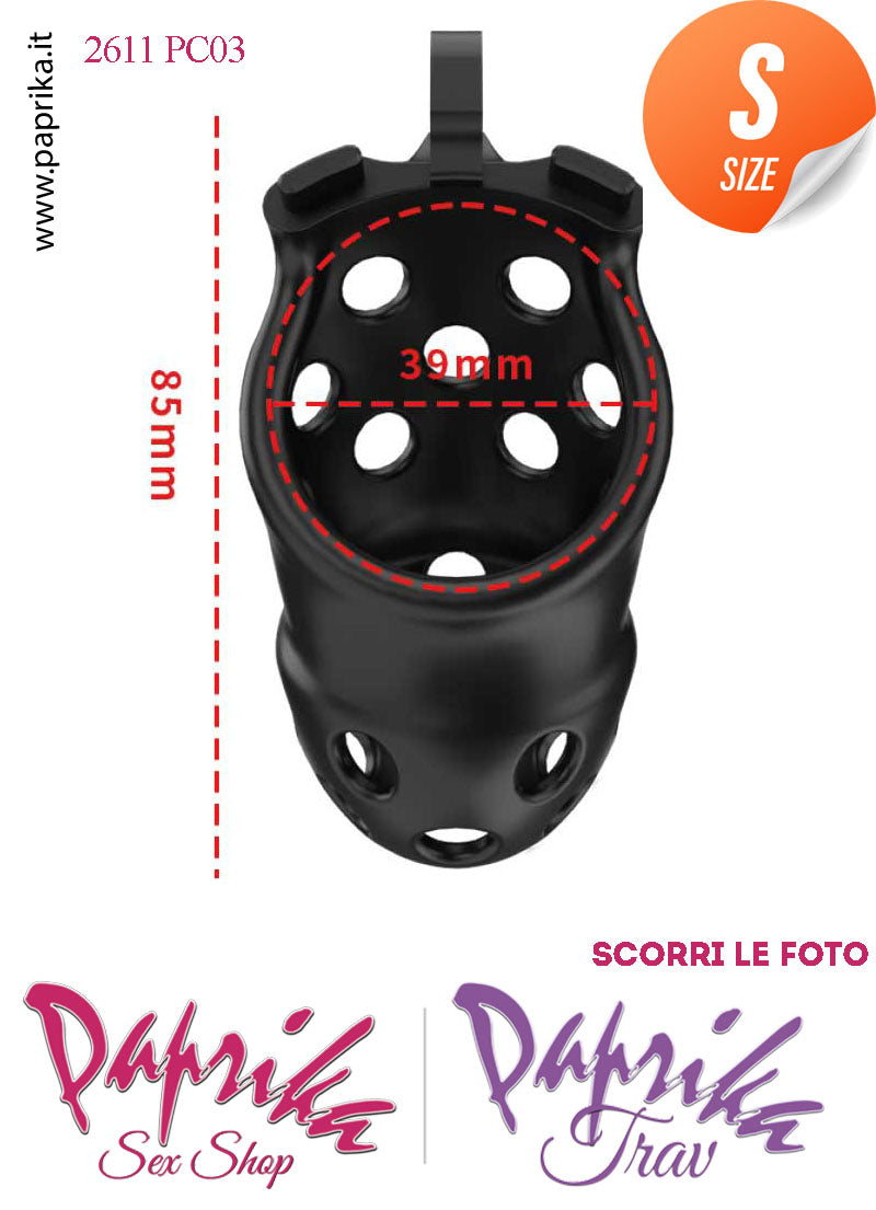 Cintura Di Castità Maschile Nera Small PC03 Chastity Cage Abs Traforato 5 Anelli