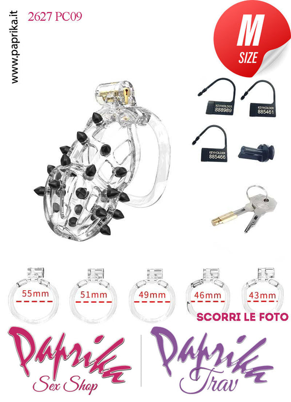 Cintura Di Castità Maschile Medium PC09 Chastity Cage Abs Punte Nere 5 Anelli