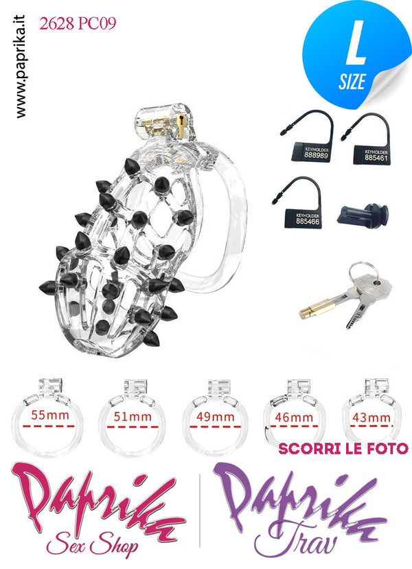 Cintura Di Castità Maschile Large PC09 Chastity Cage Abs Punte Nere 5 Anelli