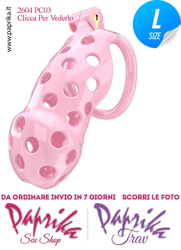 Cintura Di Castità Maschile PC03 Large Rosa Chastity Cage Abs Traforato 5 Anelli