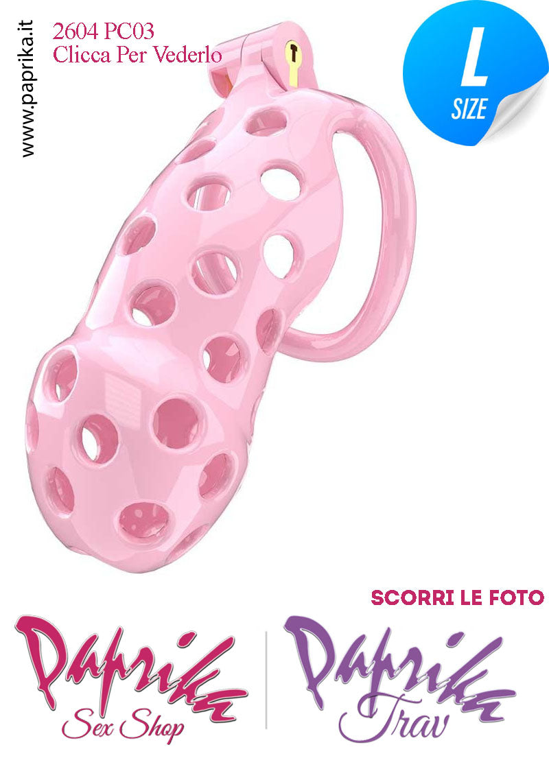 Cintura Di Castità Maschile PC03 Large Rosa Chastity Cage Abs Traforato 5 Anelli