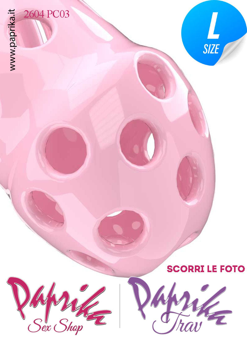 Cintura Di Castità Maschile PC03 Large Rosa Chastity Cage Abs Traforato 5 Anelli