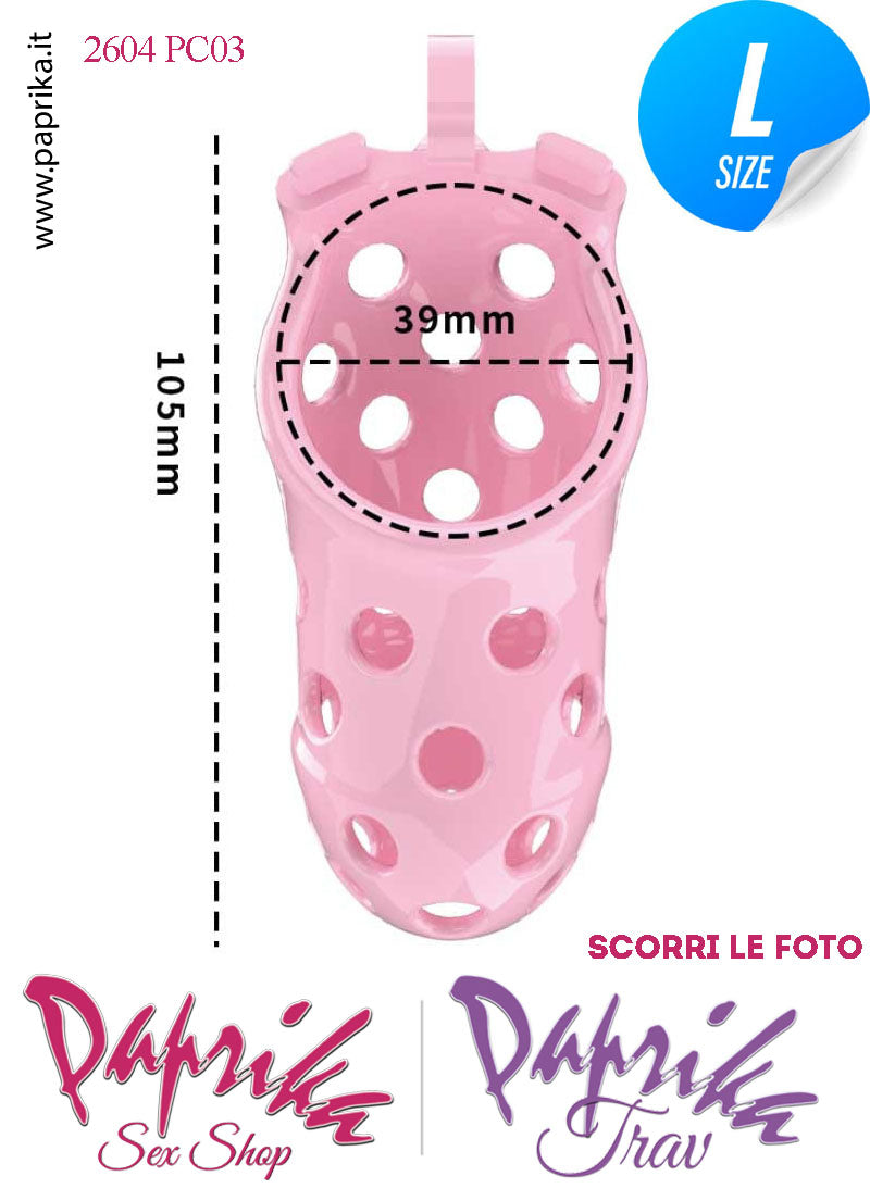 Cintura Di Castità Maschile PC03 Large Rosa Chastity Cage Abs Traforato 5 Anelli