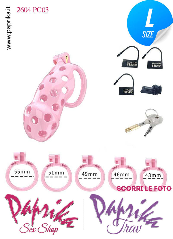 Cintura Di Castità Maschile PC03 Large Rosa Chastity Cage Abs Traforato 5 Anelli