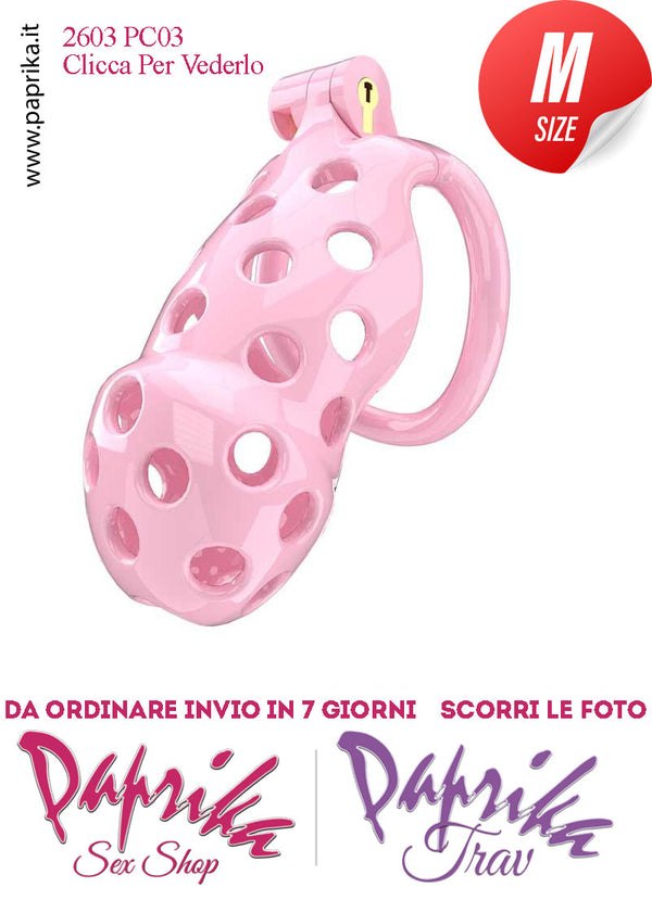 Cintura Di Castità Maschile Rosa Medium PC03 Chastity Cage Abs Traforato 5 Anelli