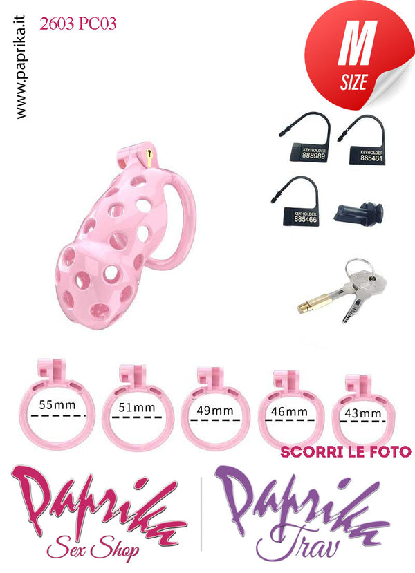 Cintura Di Castità Maschile Rosa Medium PC03 Chastity Cage Abs Traforato 5 Anelli