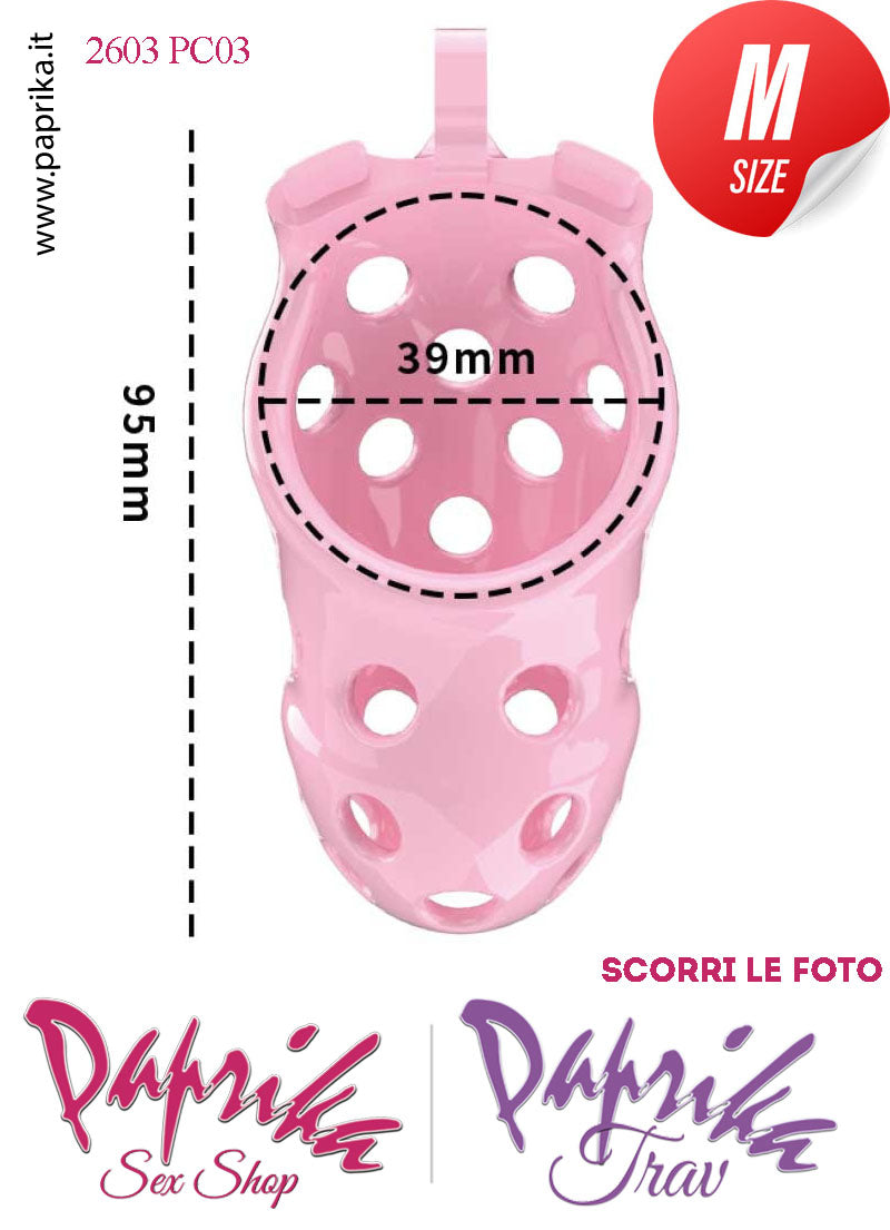 Cintura Di Castità Maschile Rosa Medium PC03 Chastity Cage Abs Traforato 5 Anelli