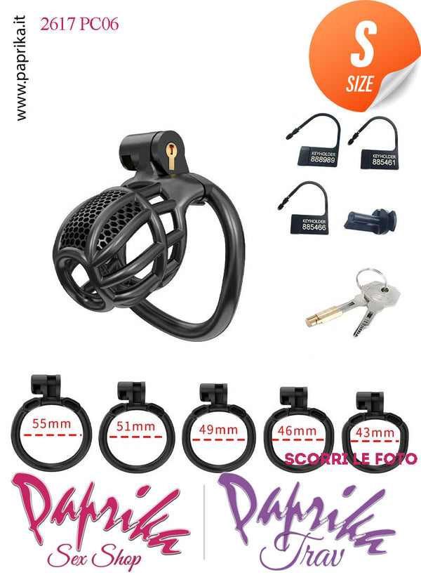 Cintura Di Castità Maschile Nera Small  PC06 Chastity Cage Abs Fori Punta 5 Anelli