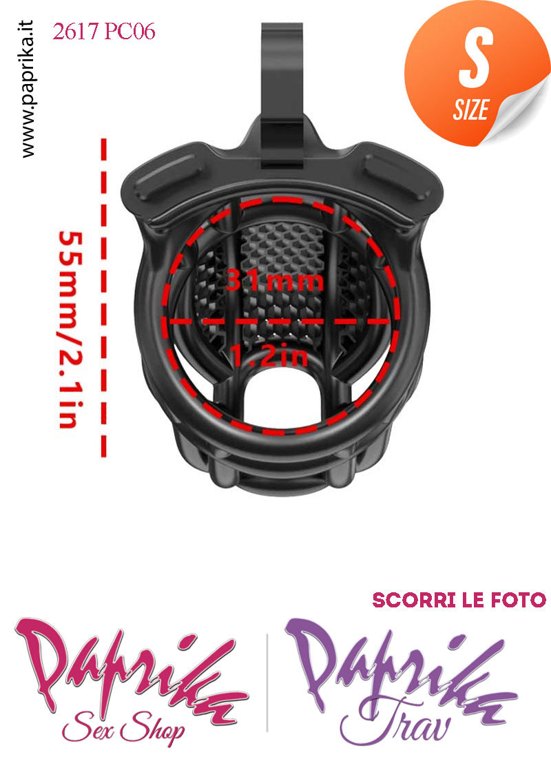 Cintura Di Castità Maschile Nera Small  PC06 Chastity Cage Abs Fori Punta 5 Anelli
