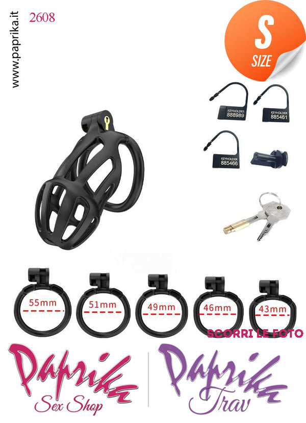 Cintura Di Castità Maschile Nera Small PC02 Chastity Cage Abs Apertura Lunghe 5 Anelli