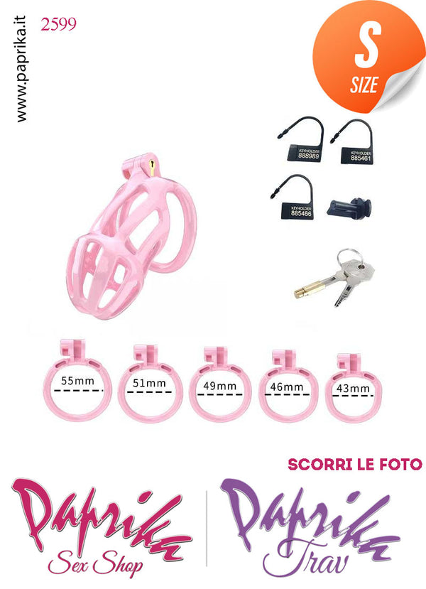 Cintura Di Castità Maschile Rosa Small PC02 Chastity Cage Abs Apertura Lunghe 5 Anelli