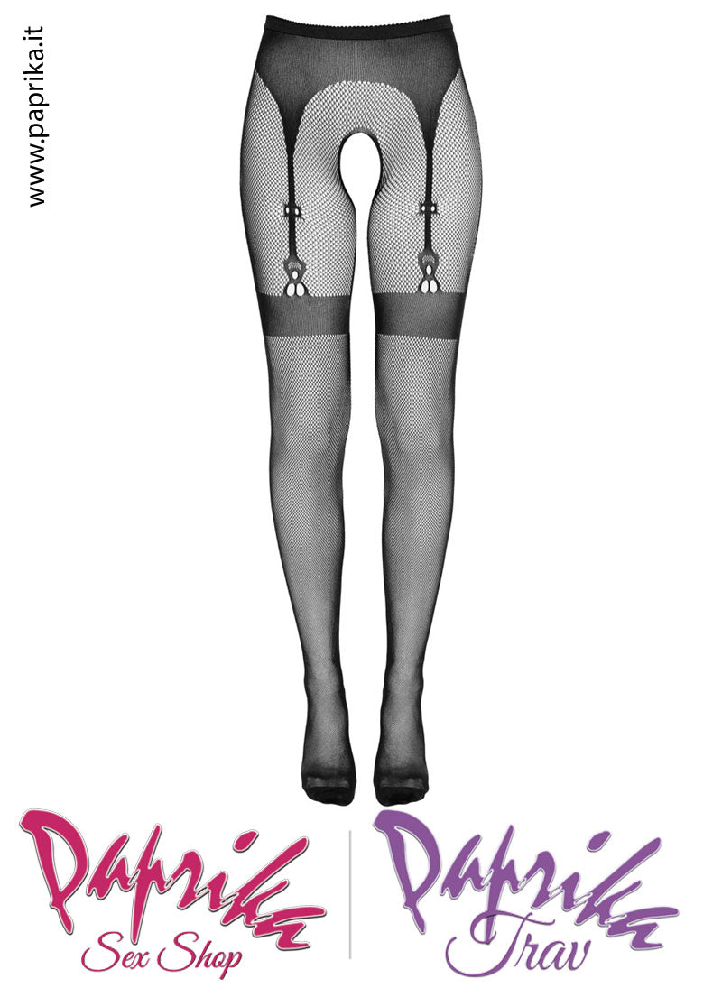 Collant Sexy Apertura Rete Piccola Riga Finta Balza e Reggicalze