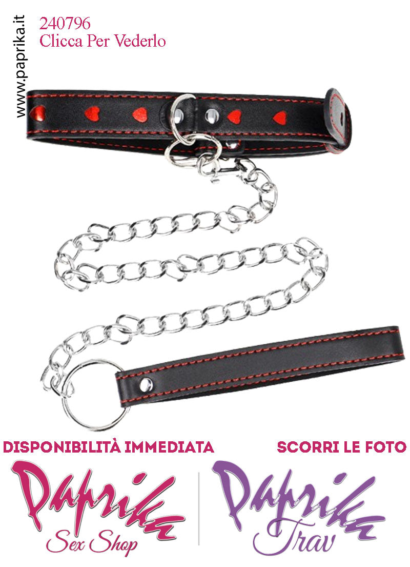 Collare Basso 25 mm Ecopelle Cuori Rossi Anello Guinzaglio Lungo Moschettone