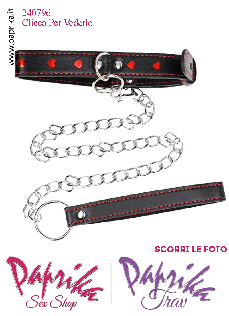 Collare Basso 25 mm Ecopelle Cuori Rossi Anello Guinzaglio Lungo Moschettone