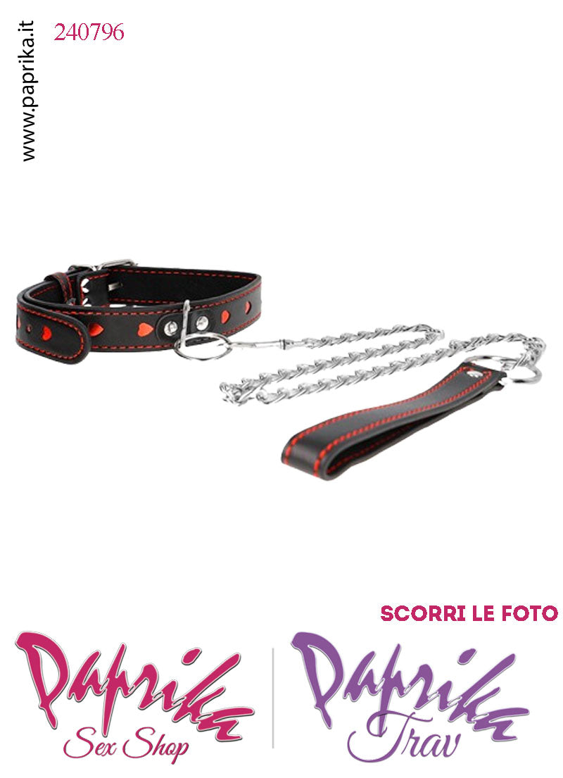 Collare Basso 25 mm Ecopelle Cuori Rossi Anello Guinzaglio Lungo Moschettone