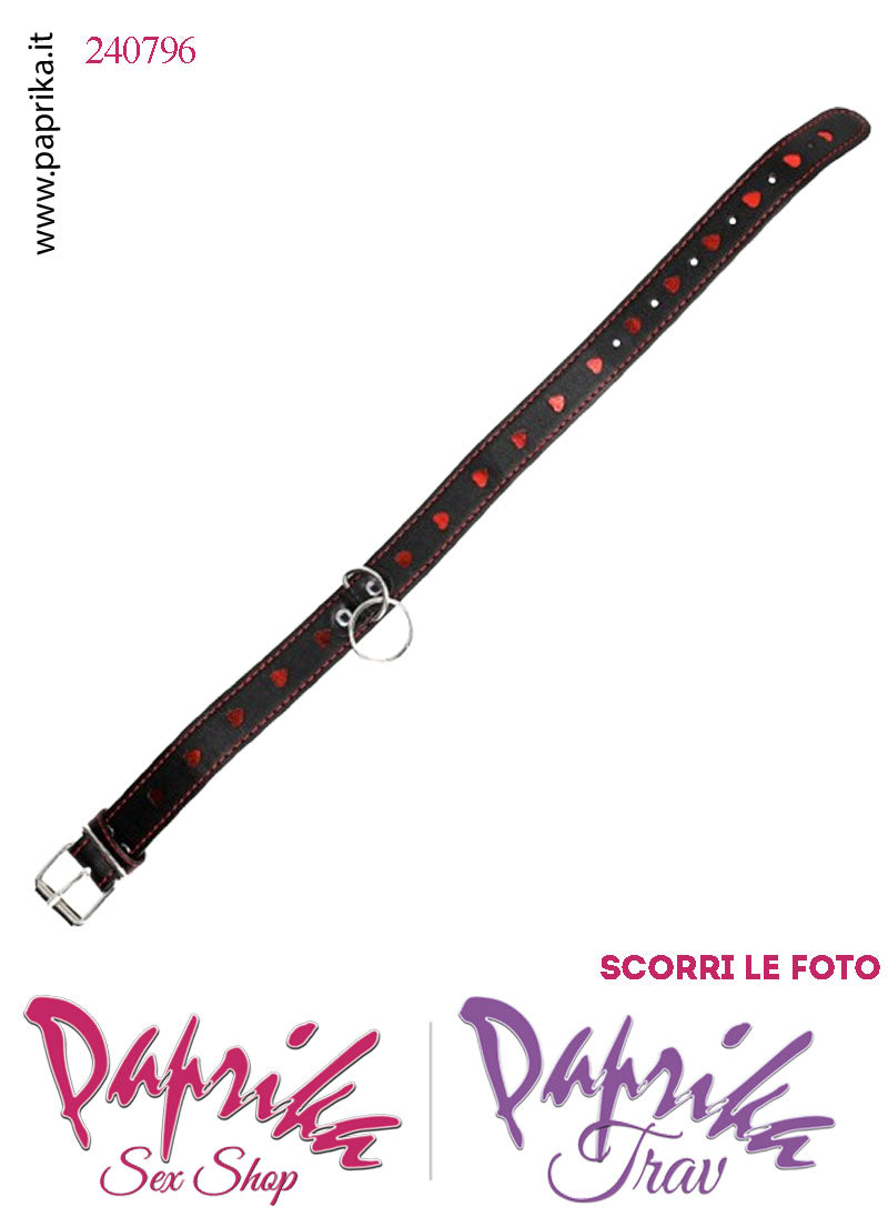 Collare Basso 25 mm Ecopelle Cuori Rossi Anello Guinzaglio Lungo Moschettone