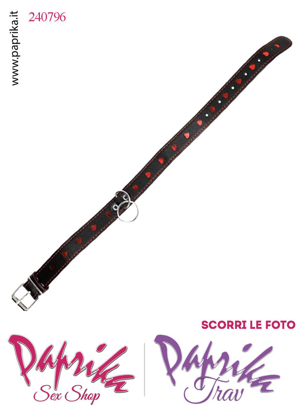 Collare Basso 25 mm Ecopelle Cuori Rossi Anello Guinzaglio Lungo Moschettone