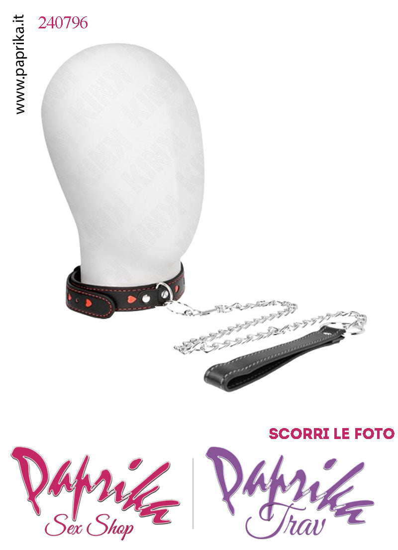 Collare Basso 25 mm Ecopelle Cuori Rossi Anello Guinzaglio Lungo Moschettone