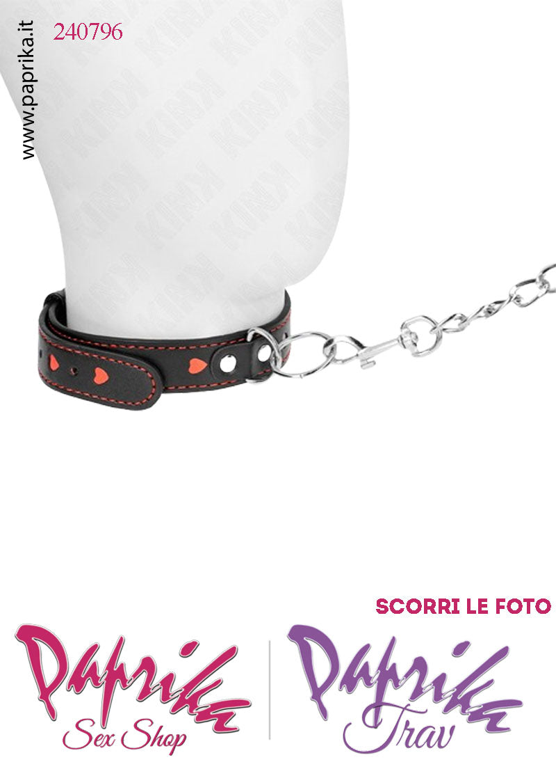 Collare Basso 25 mm Ecopelle Cuori Rossi Anello Guinzaglio Lungo Moschettone