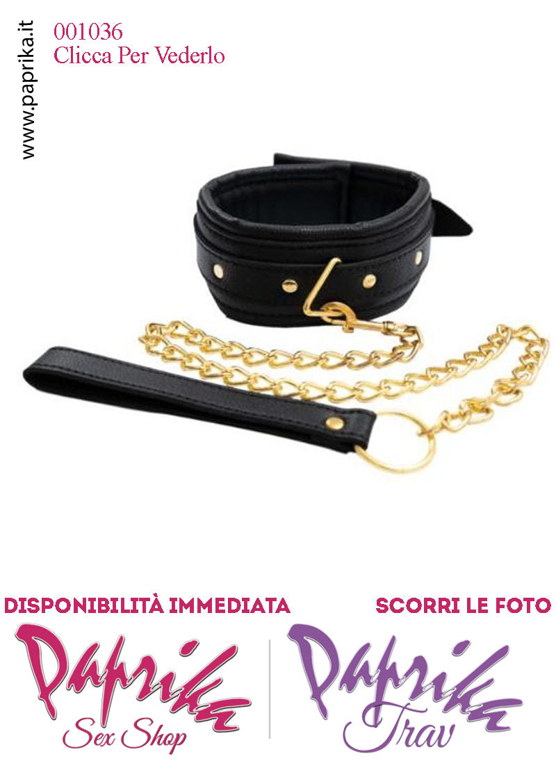 Collare Alto 55 mm Ecopelle Anello Guinzaglio Metallo Oro Moschettone